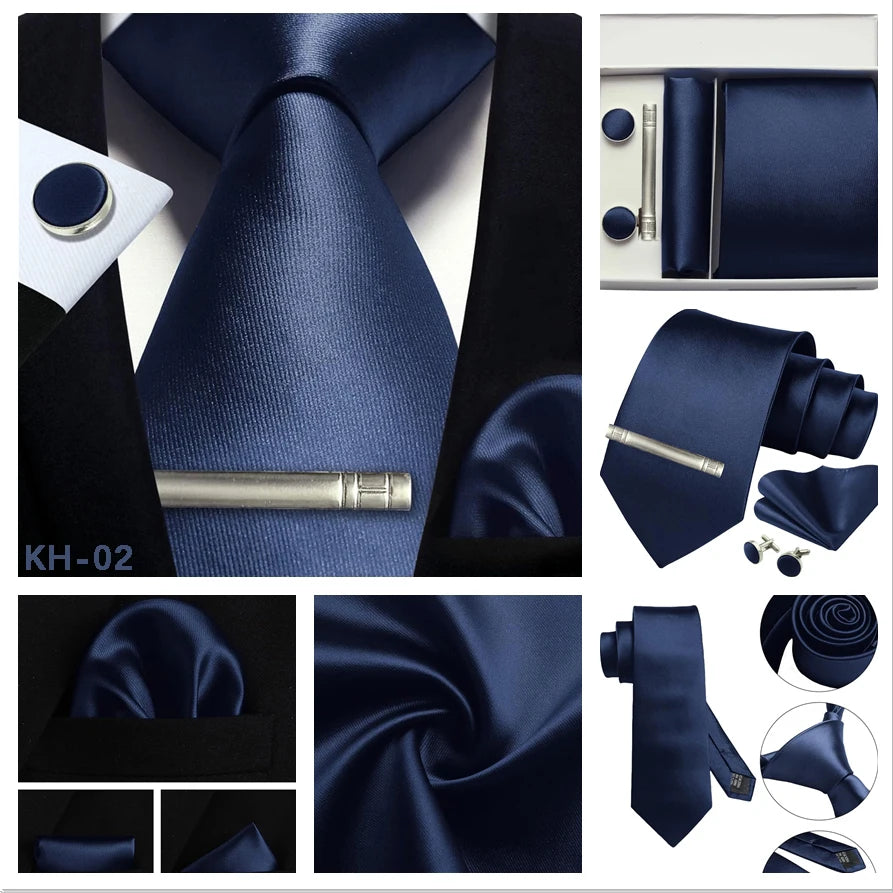 A men's formal accessory set in dark navy blue satin, including a necktie, matching pocket square, cufflinks, a tie bar, and a pocket knife, displayed in a multi-view collage with close-up fabric texture details.