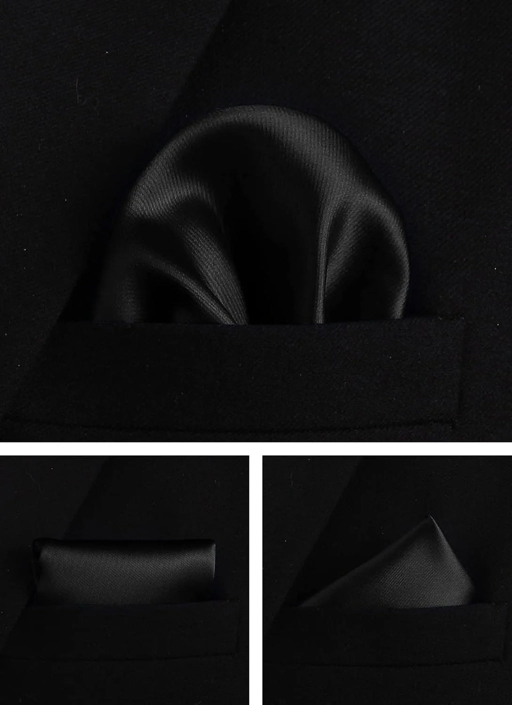 Three views of a black satin pocket square tucked into a black suit jacket breast pocket, shown against a dark background.