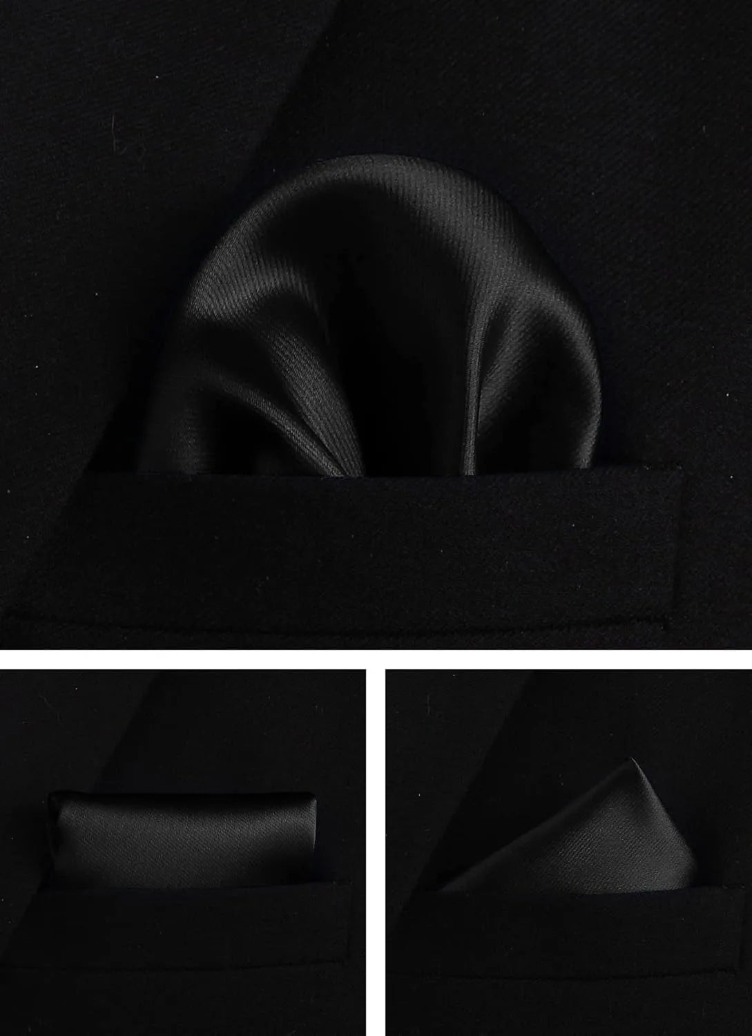 Three views of a black satin pocket square tucked into a black suit jacket breast pocket, shown against a dark background.