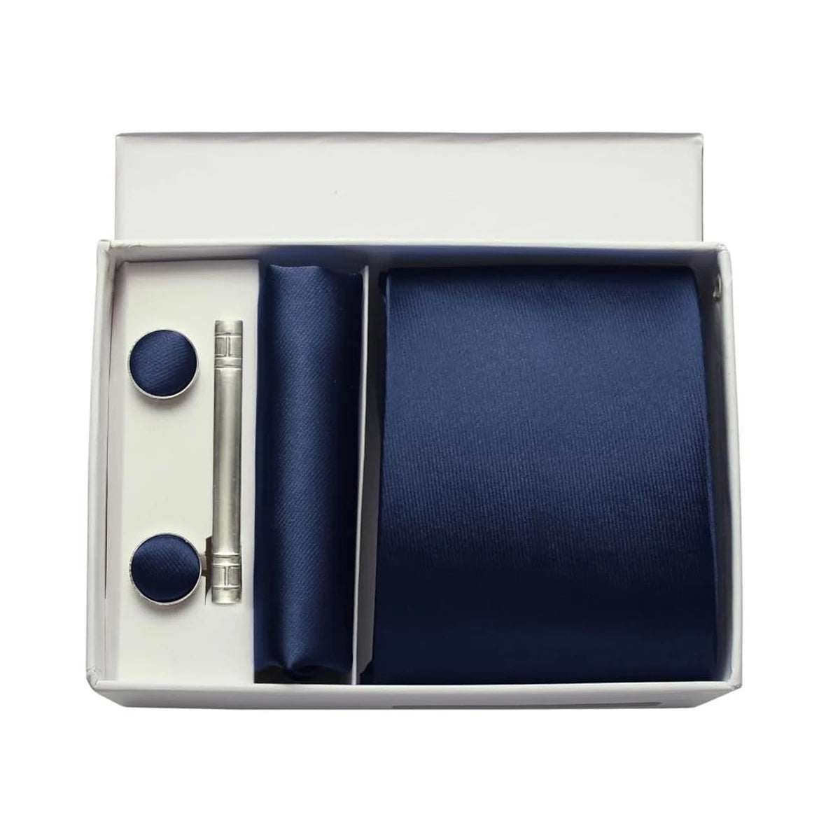 Navy tie, tie clip, cufflinks, a in a box on a white background