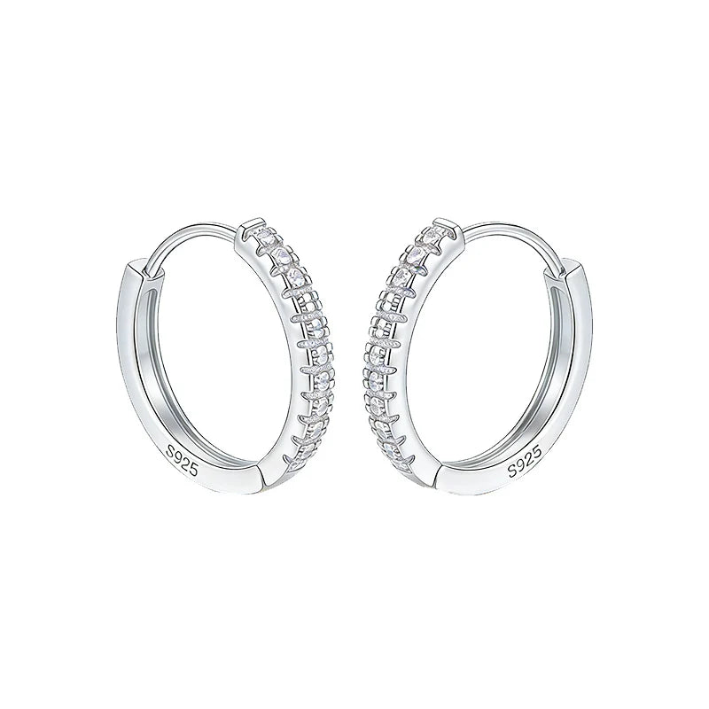 Pair of silver hoop earrings with '925' stamp on a white background