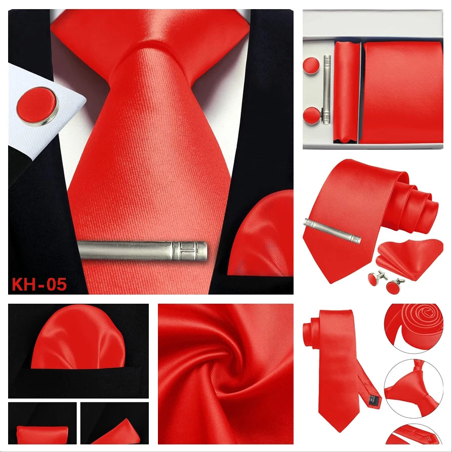 Red men's formal accessory set including a necktie, pocket square, watch tie, belt buckle, cufflinks, and a wallet, shown in a collage with close-up detail views and a product code KH-05.