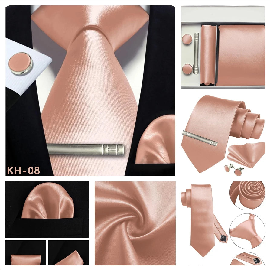 A multi-view product collage of a rose gold men's formal accessory set, including a satin necktie, matching pocket square, dress shirt cuff, pocket square, belt, and a silver-toned tie bar. The set is shown styled on a black suit jacket, folded, and in its packaging box.