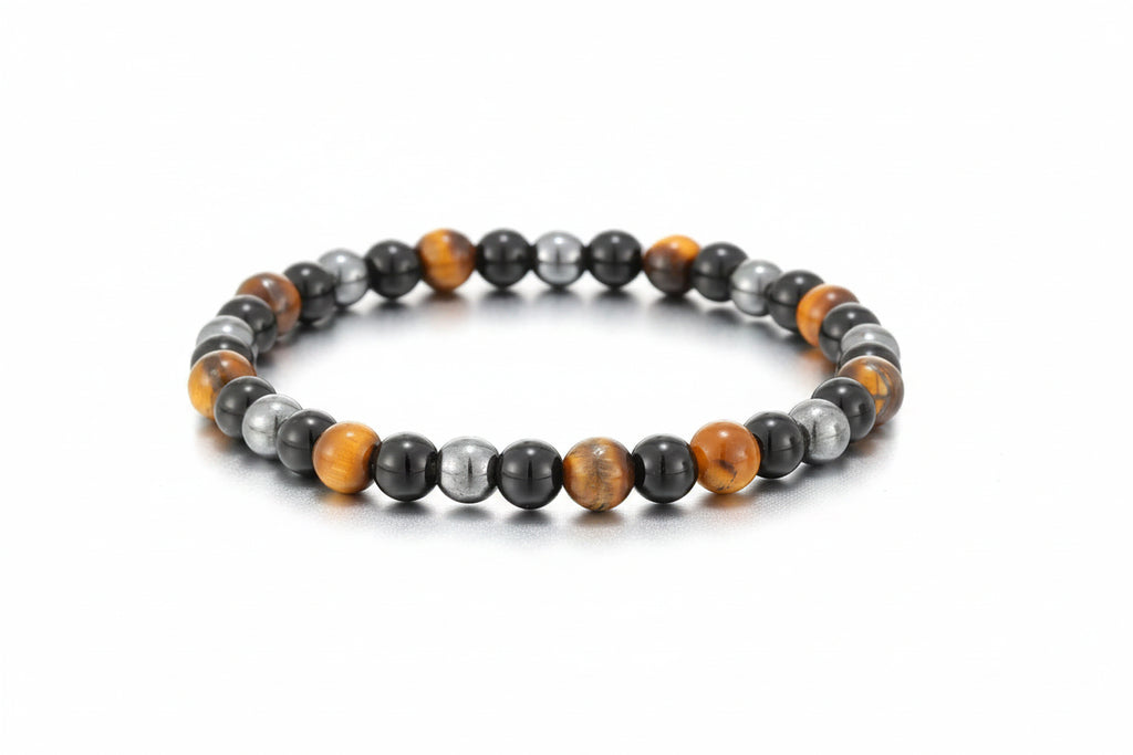 A beaded stretch bracelet made of alternating black, gray, and orange-brown polished round beads, shown on a white background with a 6mm size marker and weight 12g text.