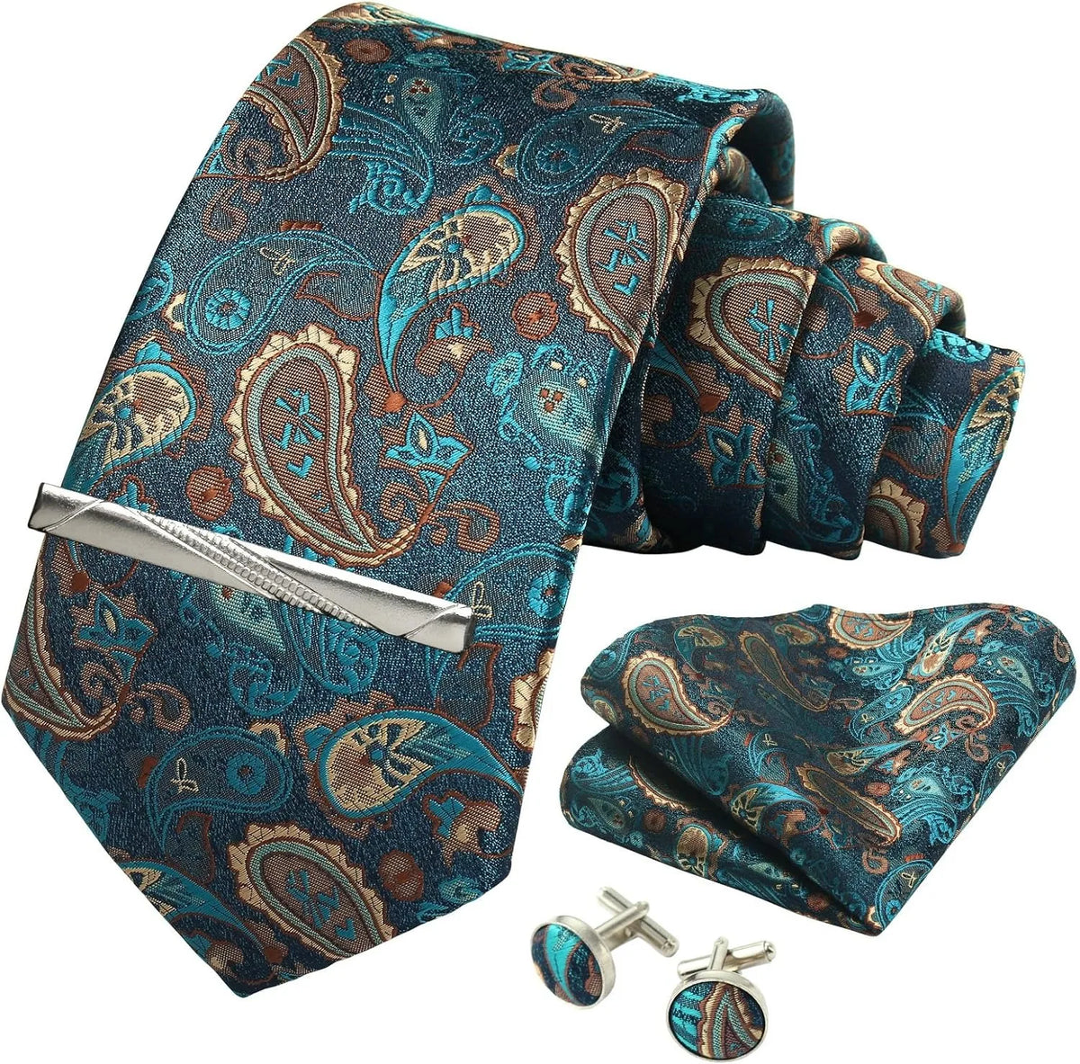 Teal paisley tie set with pocket square and cufflinks on a white background