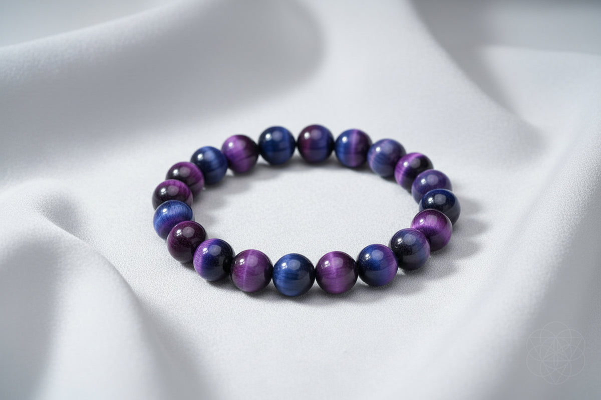 A beaded stretch bracelet made of polished round beads with a purple and blue nebula-like pattern, displayed on white silky  background