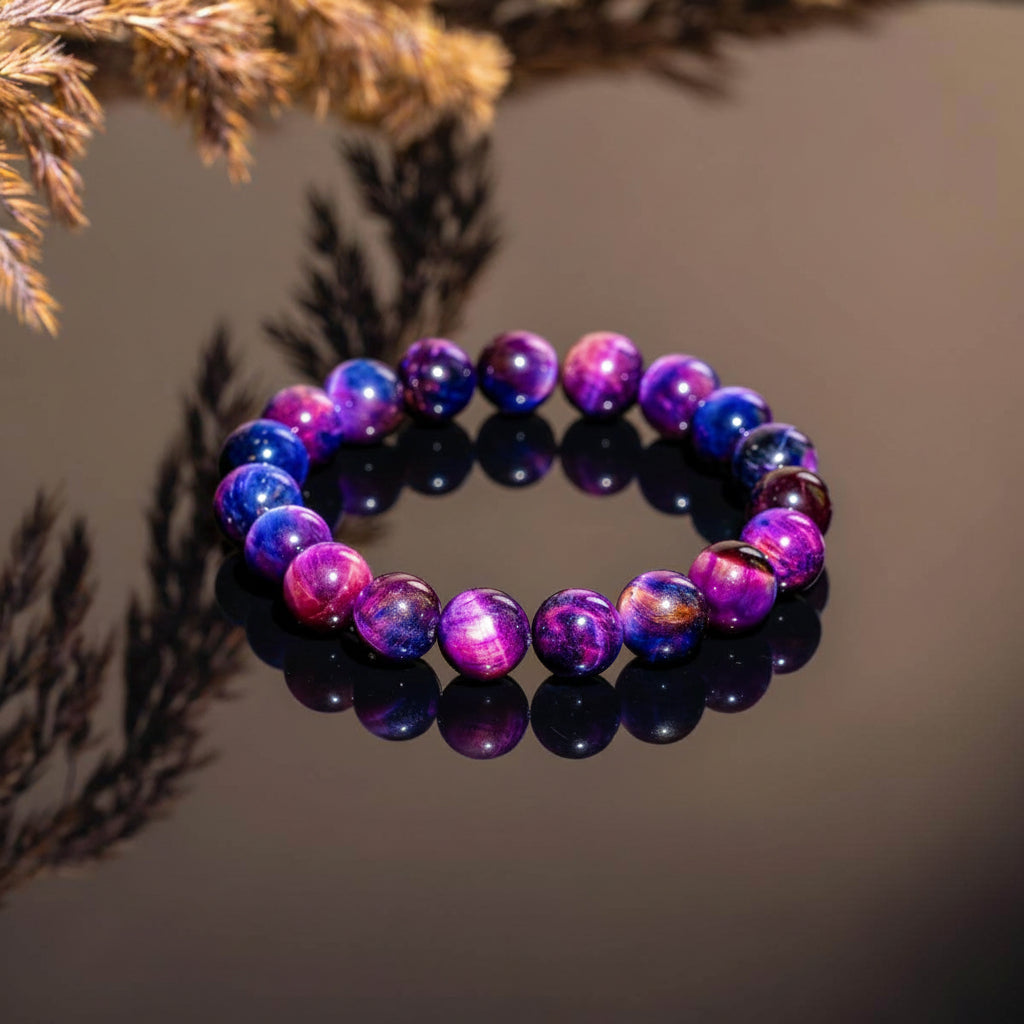 Purple beaded bracelet with motivational text on a dark background