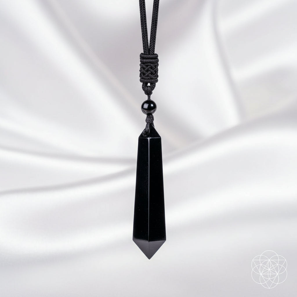Black pendant necklace with a white silky background