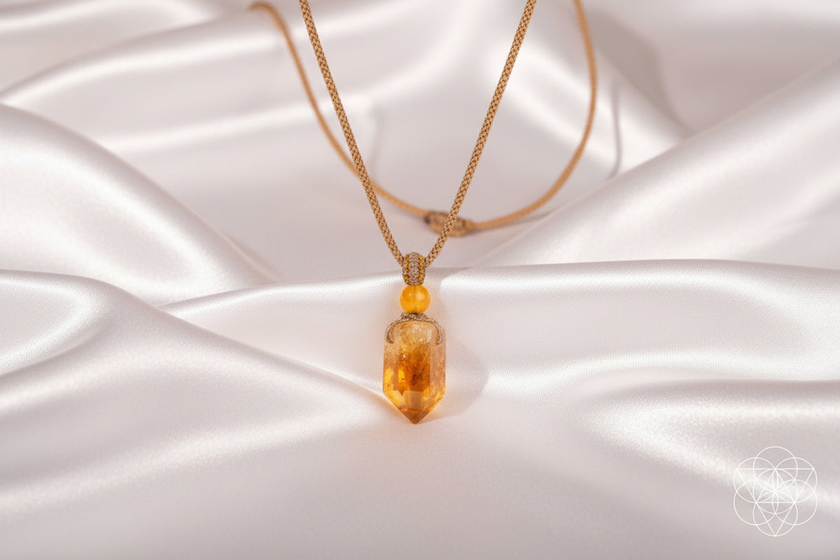 Necklace with a large amber pendant on a white silky background