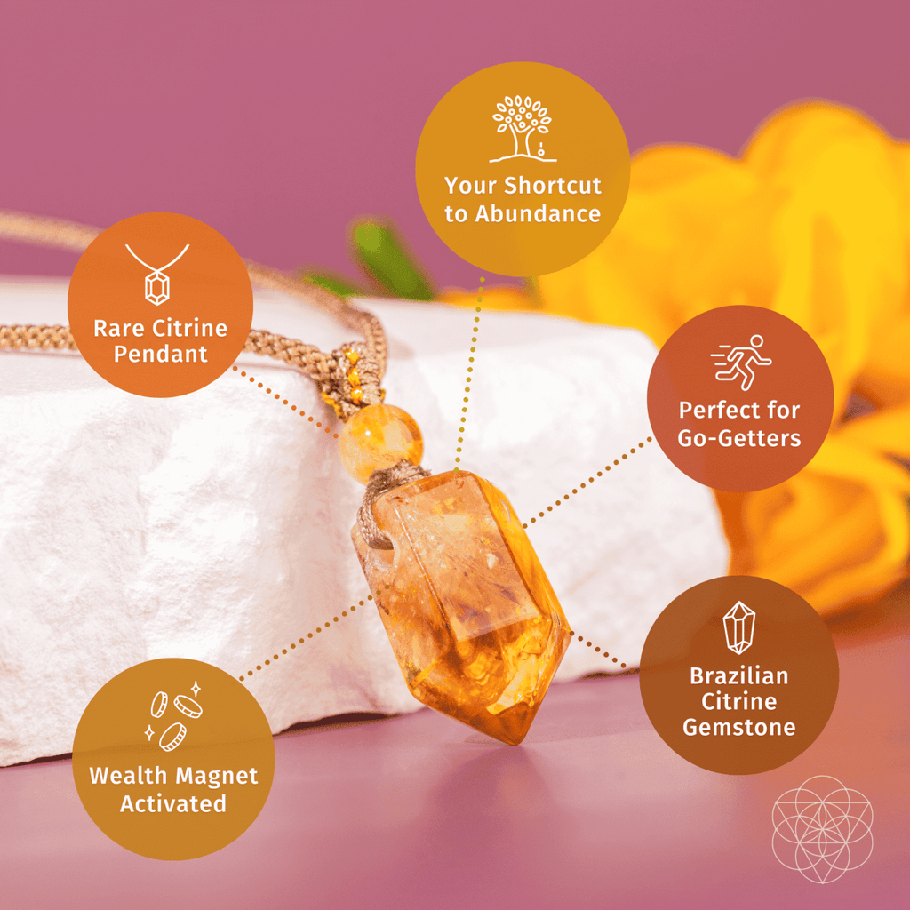 Amber-colored pendant with text highlighting features on a pink background