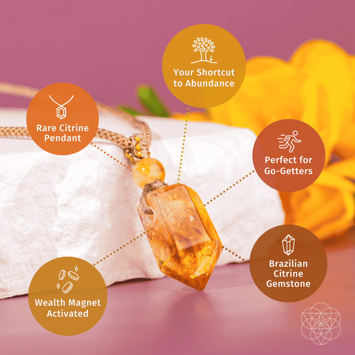 Amber-colored pendant with text highlighting features on a pink background